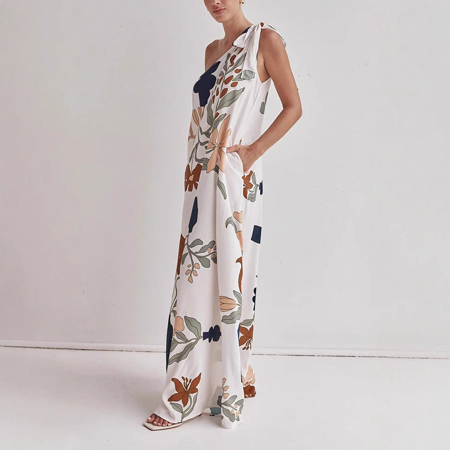 Katherine | Flowing Cotton One-Shoulder Dress – Loose Fit – Bold Print