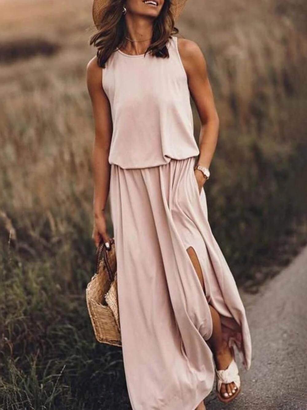 Rose | Løs Talje Uden Ærmer Slids Kjole - Luftig Sommerkjole