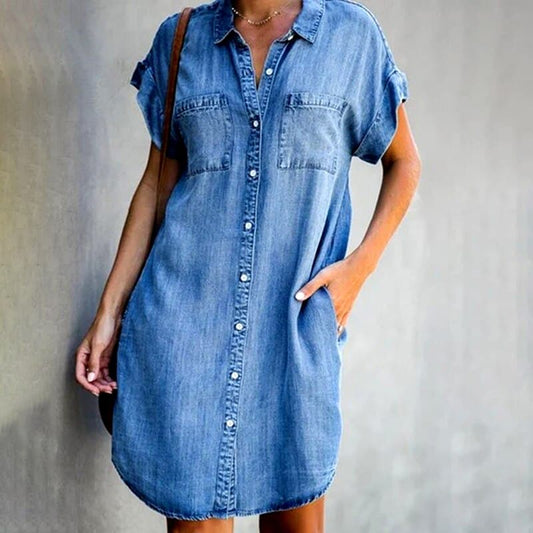 Cynthia | Casual Denim Kjole med Knaplukning