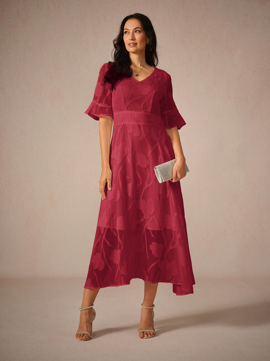 Kyla | Elegant Midi Kjole med Flatterende Ærmer og Blonde Detaljer