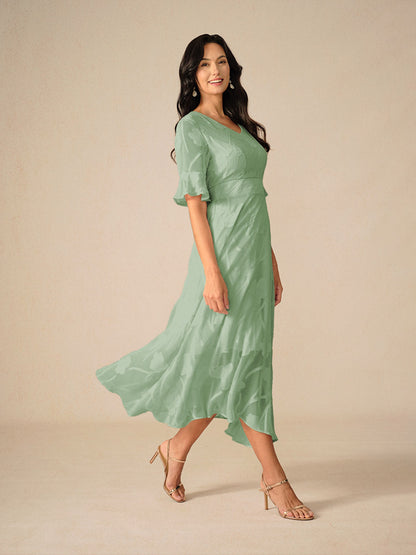 Kyla | Elegant Midi Kjole med Flatterende Ærmer og Blonde Detaljer