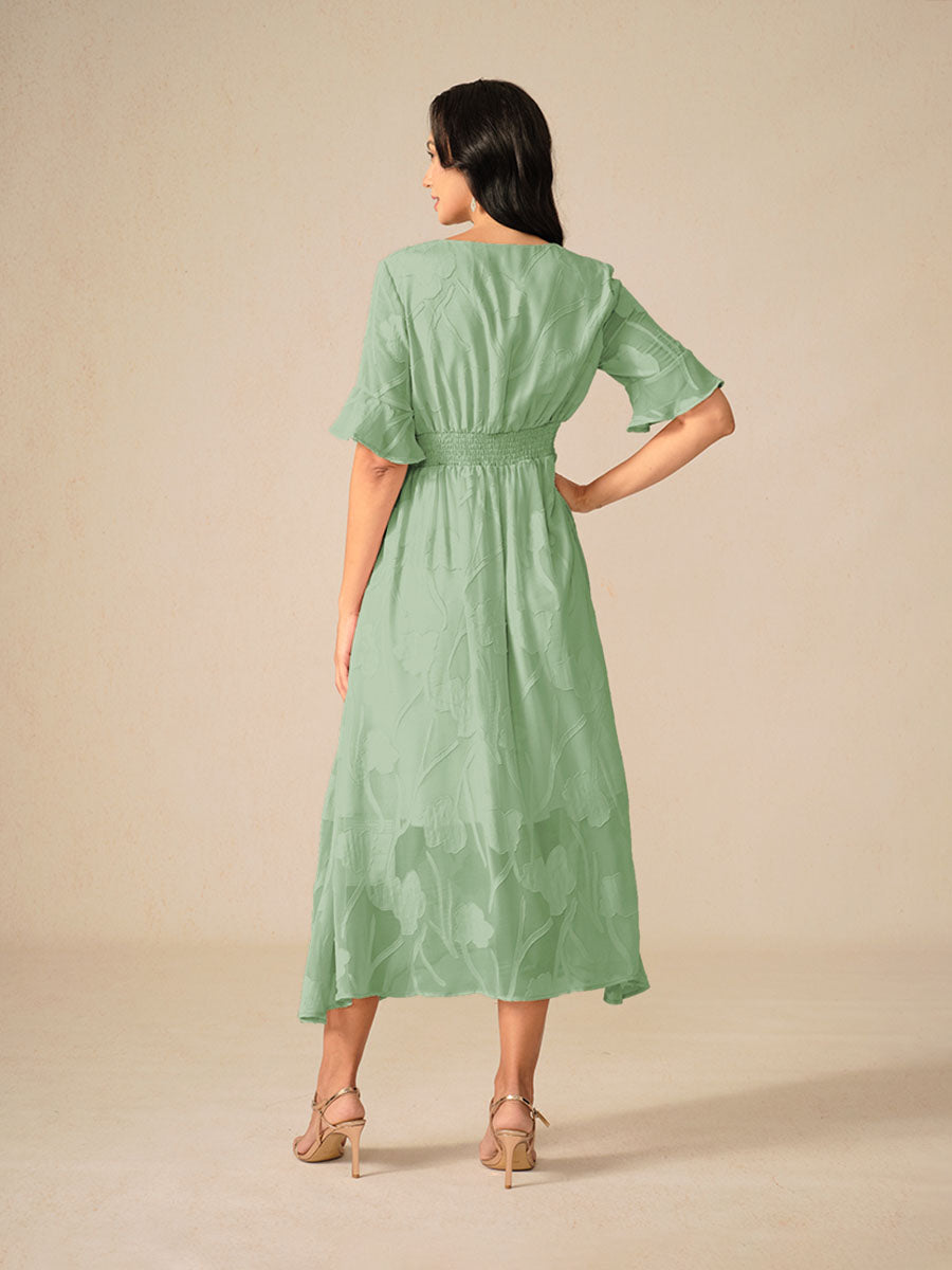 Kyla | Elegant Midi Kjole med Flatterende Ærmer og Blonde Detaljer