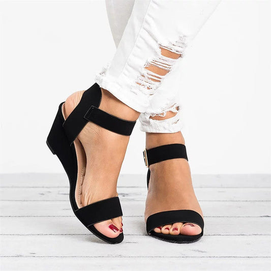 Rochelle | Kvinders Casual Wedge Sandaler - Syntetisk Læder - Åben Tå - Ankelrem
