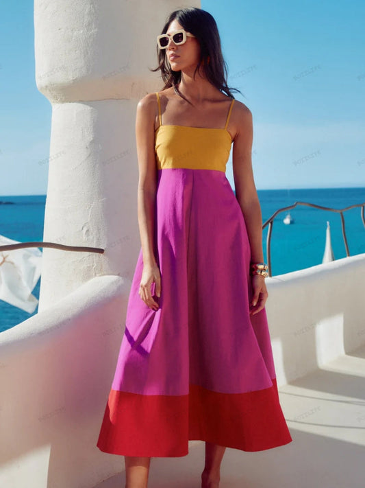 Selena | Chic Farveblok Spaghetti Strop Kjole til Sommer Elegance