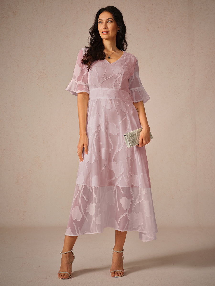 Kyla | Elegant Midi Kjole med Flatterende Ærmer og Blonde Detaljer