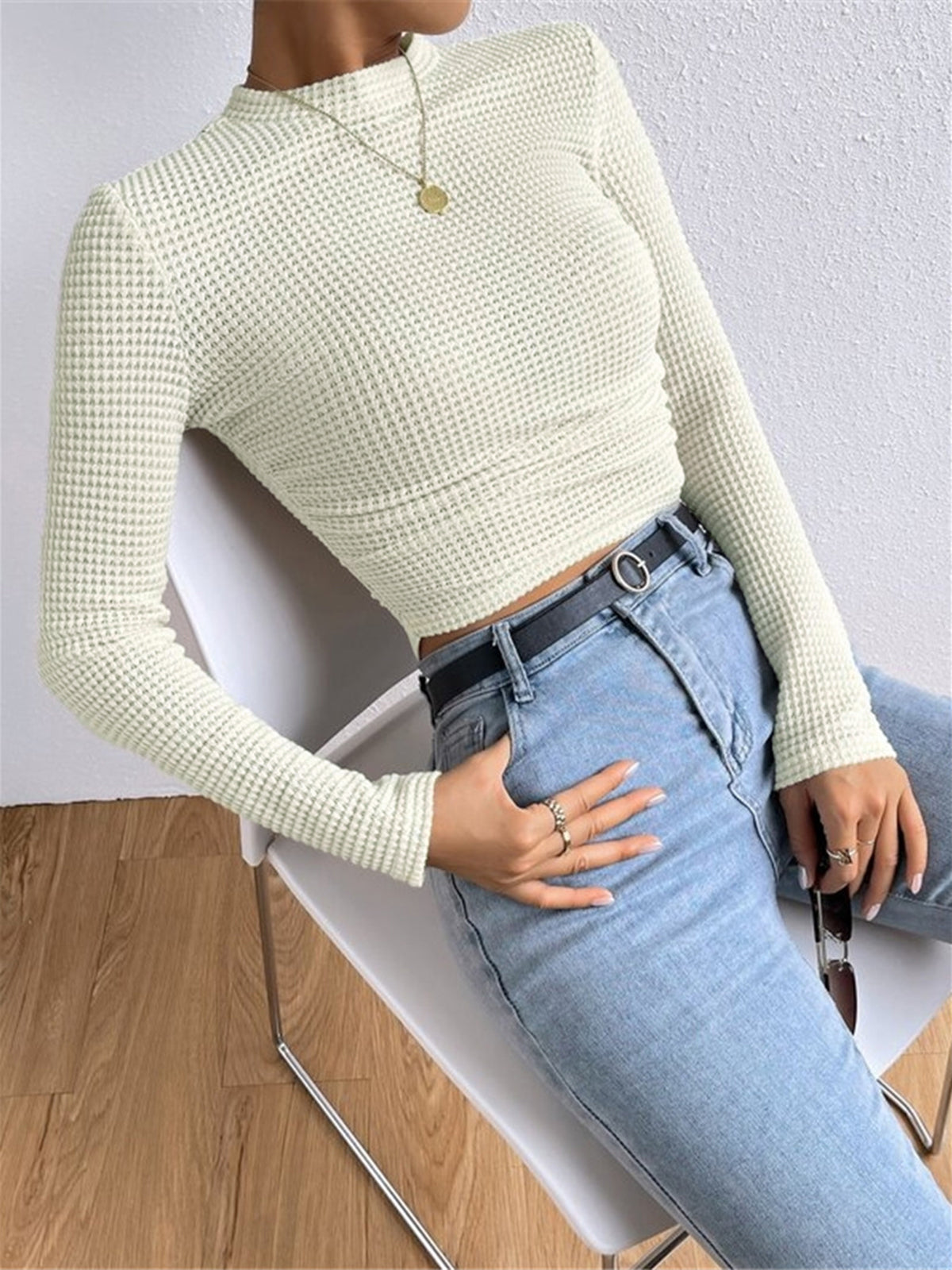 Sage | Kvinders Fitted Waffle Knit Langærmet Top