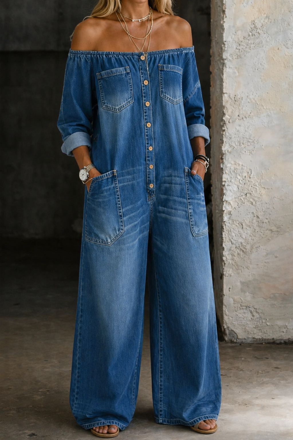 Elena | Langærmet Jumpsuit med Bare Skuldre