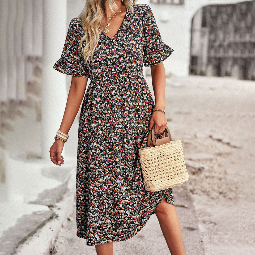 Gillian | Chic Blomster Sommer Midi Kjole til Kvinder