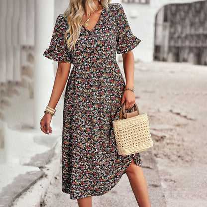 Gillian | Chic Blomster Sommer Midi Kjole til Kvinder