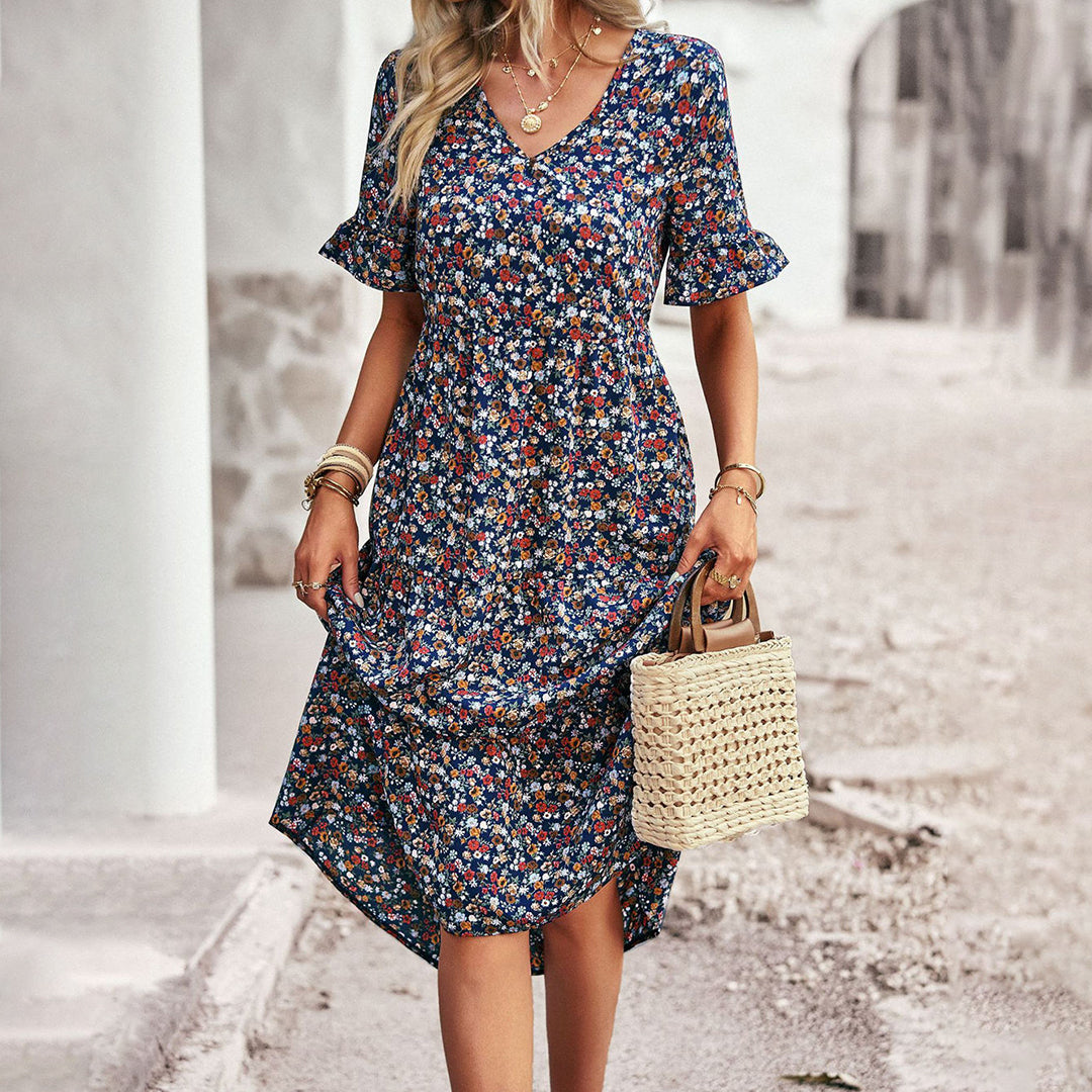 Gillian | Chic Blomster Sommer Midi Kjole til Kvinder