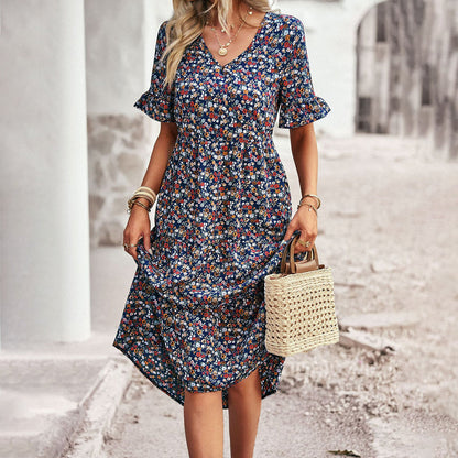 Gillian | Chic Blomster Sommer Midi Kjole til Kvinder