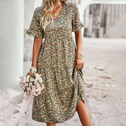 Gillian | Chic Blomster Sommer Midi Kjole til Kvinder