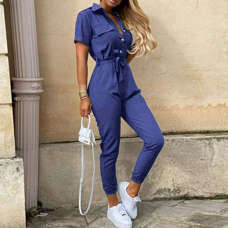 Reese | Letvægts Struktureret Fit Kortærmet Jumpsuit med Knaplukning