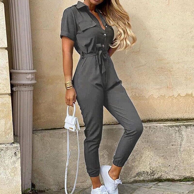 Reese | Letvægts Struktureret Fit Kortærmet Jumpsuit med Knaplukning