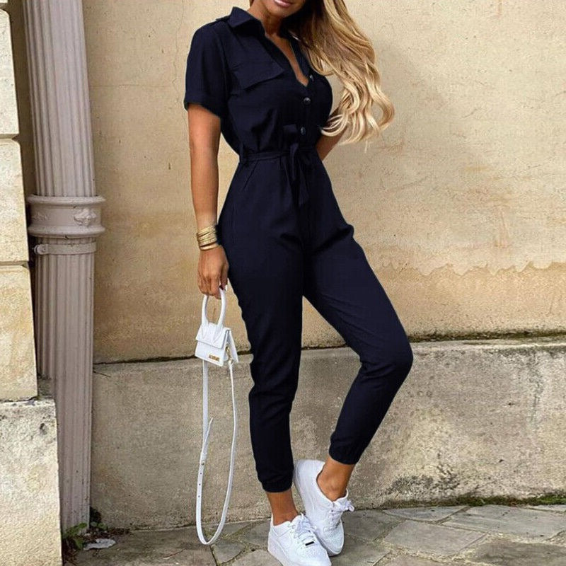 Reese | Letvægts Struktureret Fit Kortærmet Jumpsuit med Knaplukning