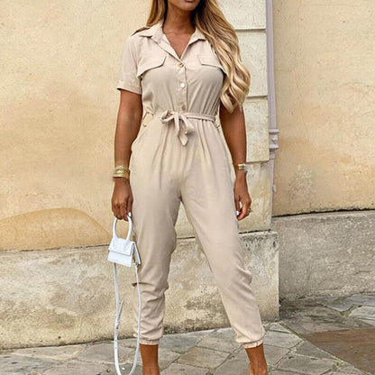 Reese | Letvægts Struktureret Fit Kortærmet Jumpsuit med Knaplukning