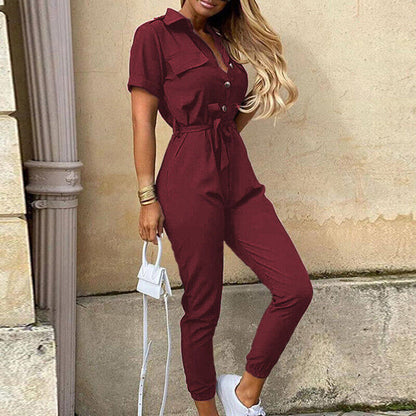 Reese | Letvægts Struktureret Fit Kortærmet Jumpsuit med Knaplukning