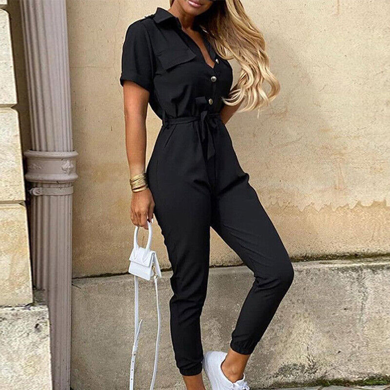 Reese | Letvægts Struktureret Fit Kortærmet Jumpsuit med Knaplukning