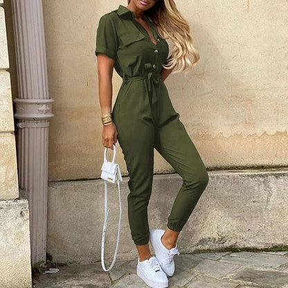 Reese | Letvægts Struktureret Fit Kortærmet Jumpsuit med Knaplukning