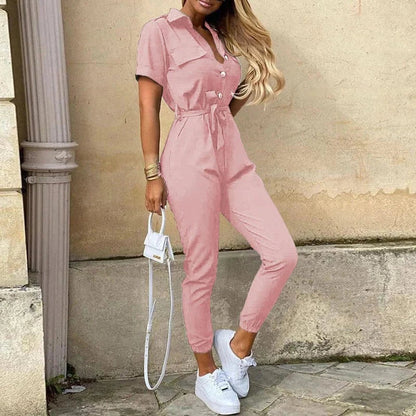Reese | Letvægts Struktureret Fit Kortærmet Jumpsuit med Knaplukning