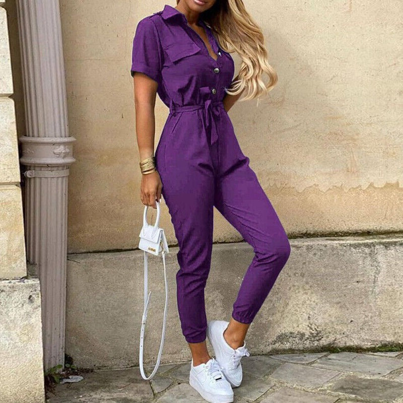 Reese | Letvægts Struktureret Fit Kortærmet Jumpsuit med Knaplukning