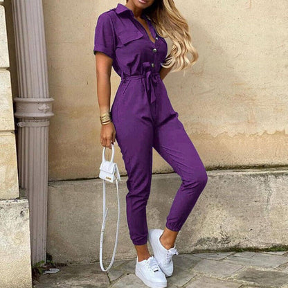 Reese | Letvægts Struktureret Fit Kortærmet Jumpsuit med Knaplukning