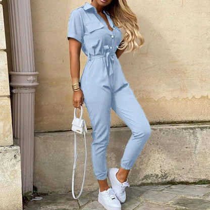 Reese | Letvægts Struktureret Fit Kortærmet Jumpsuit med Knaplukning