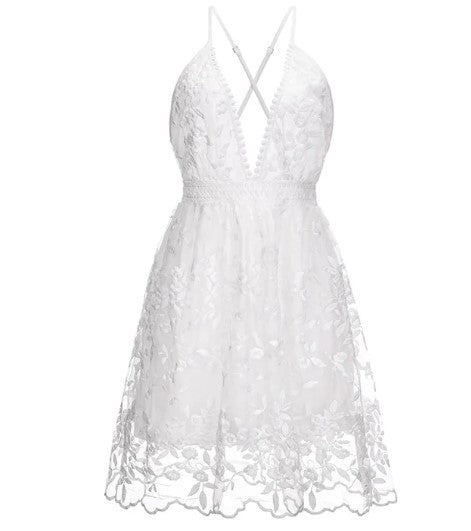 Naomi | Kvinders Elegant Hvid Rygfri V-Hals Mini Sommerkjole