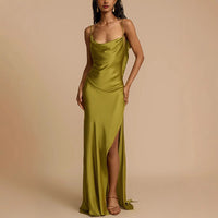 Ava | Kvinders Slip Dress - Elegant fuld længde med cowl-neck og sideslids