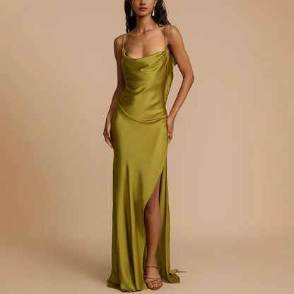 Ava | Kvinders Slip Dress - Elegant fuld længde med cowl-neck og sideslids