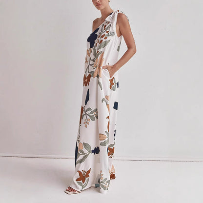 Katherine | Flowing Cotton One-Shoulder Dress – Loose Fit – Bold Print