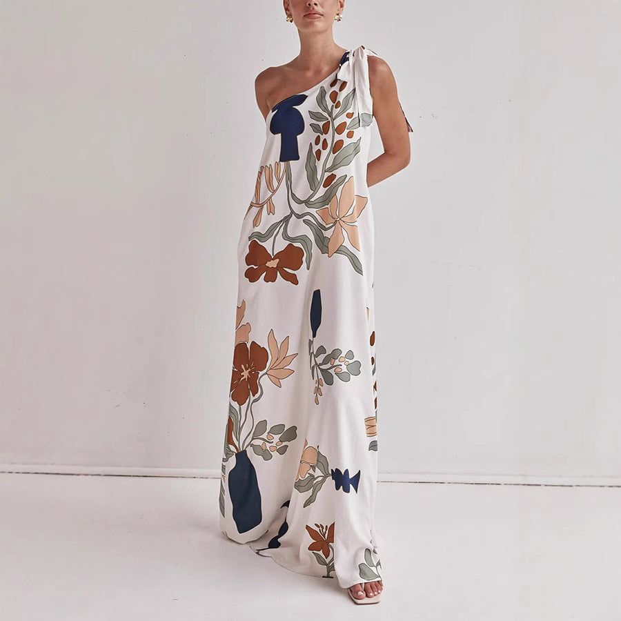 Katherine | Flowing Cotton One-Shoulder Dress – Loose Fit – Bold Print