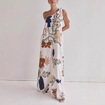 Katherine | Flowing Cotton One-Shoulder Dress – Loose Fit – Bold Print