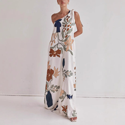 Katherine | Flowing Cotton One-Shoulder Dress – Loose Fit – Bold Print