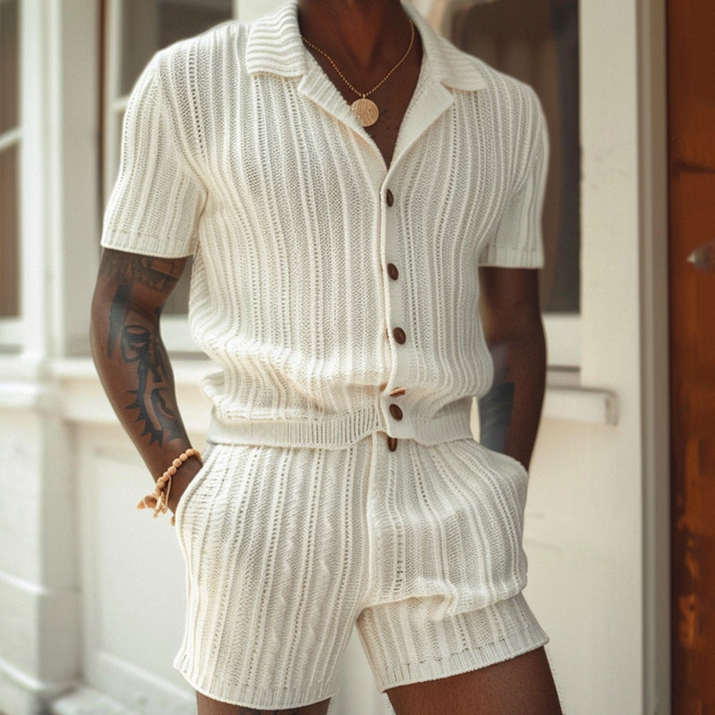 Spencer | Herre Åndbar Strik Skjorte og Shorts Sæt – Slim Fit – Ribbet Tekstur
