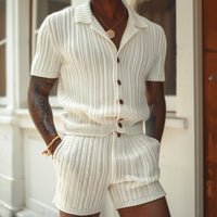Spencer | Herre Åndbar Strik Skjorte og Shorts Sæt – Slim Fit – Ribbet Tekstur