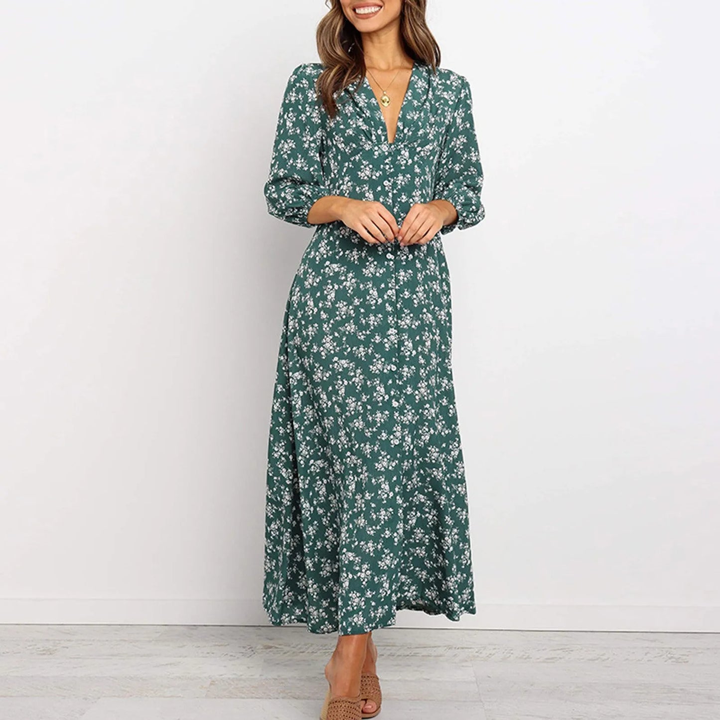 Marilyn | Elegant Floral V-hals Maxi Kjole til Kvinder