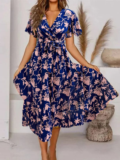 Evy | Elegant Midi Kjole med Romantisk Blomsterprint