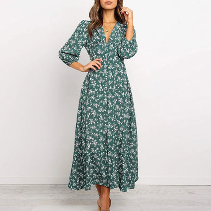 Marilyn | Elegant Floral V-hals Maxi Kjole til Kvinder