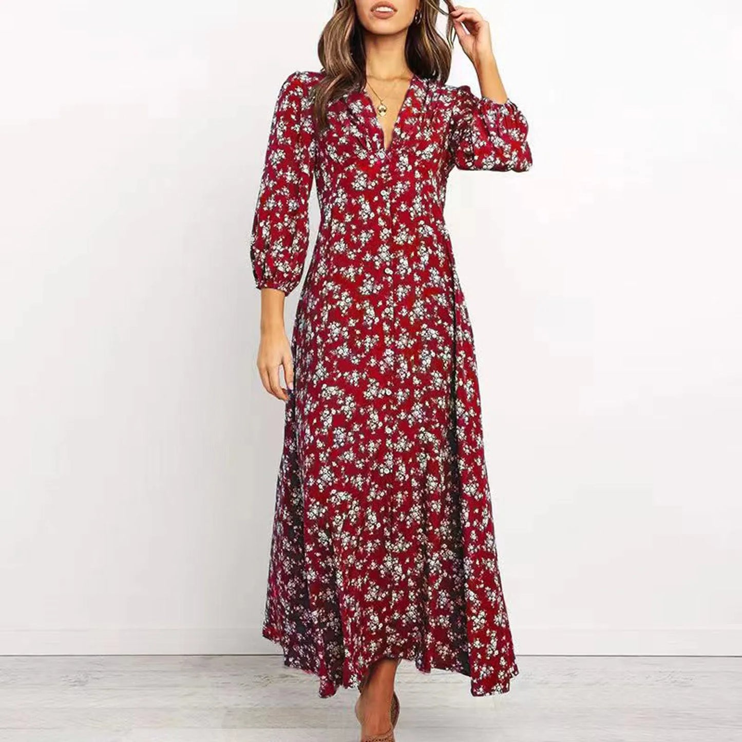 Marilyn | Elegant Floral V-hals Maxi Kjole til Kvinder