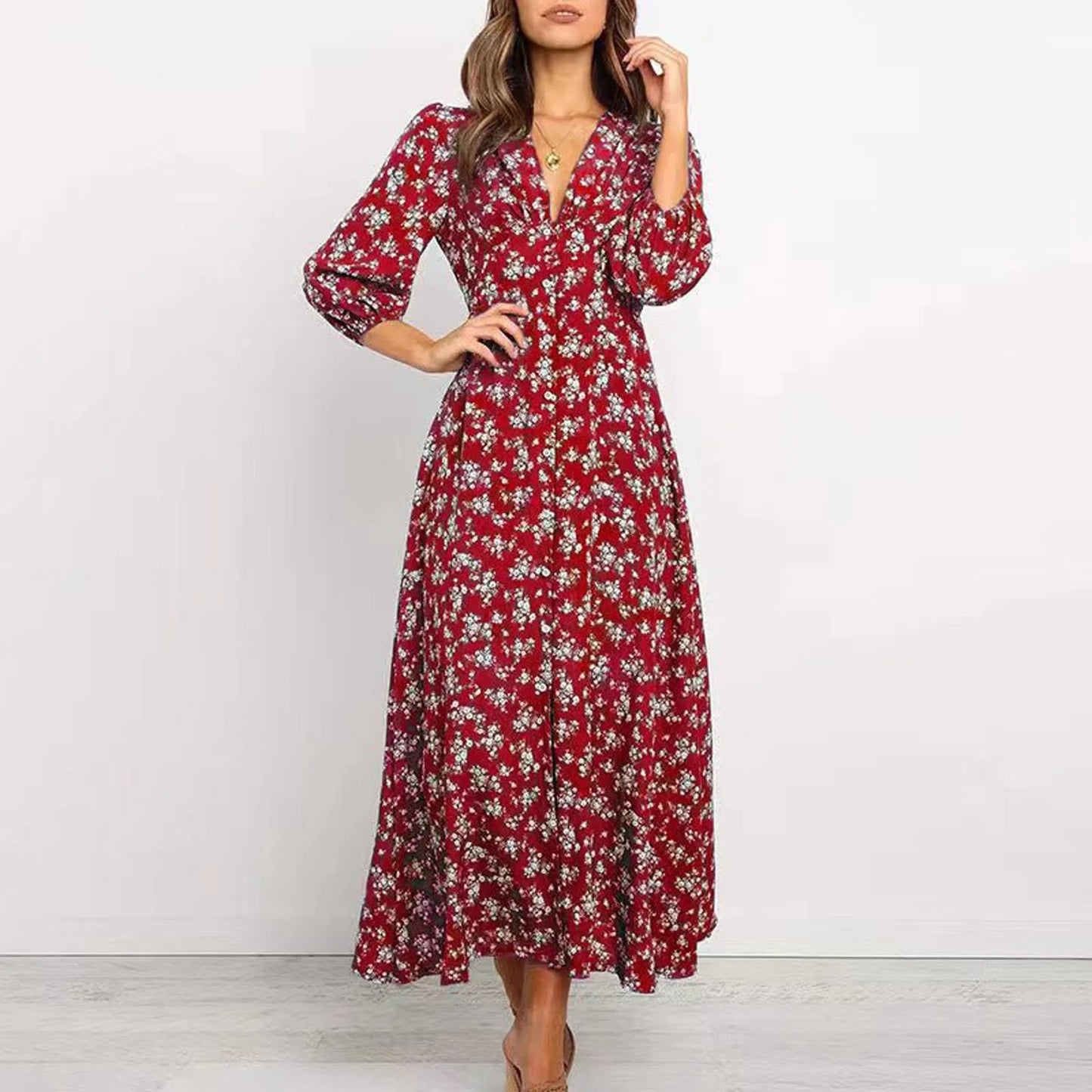 Marilyn | Elegant Floral V-hals Maxi Kjole til Kvinder
