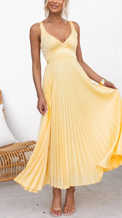 Mandy | Elegant Gul Plisseret V-Hals Maxi Kjole