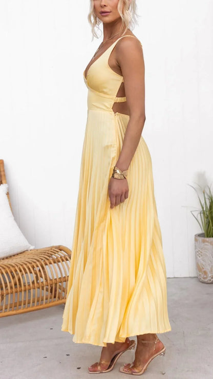 Mandy | Elegant Gul Plisseret V-Hals Maxi Kjole