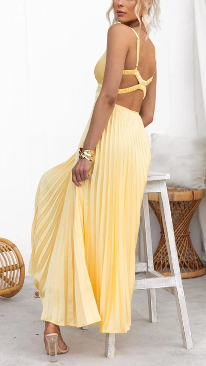Mandy | Elegant Gul Plisseret V-Hals Maxi Kjole
