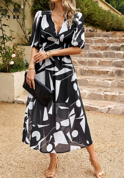 Roxanne | Elegant Blomster Midi Kjole med Puff Ærmer