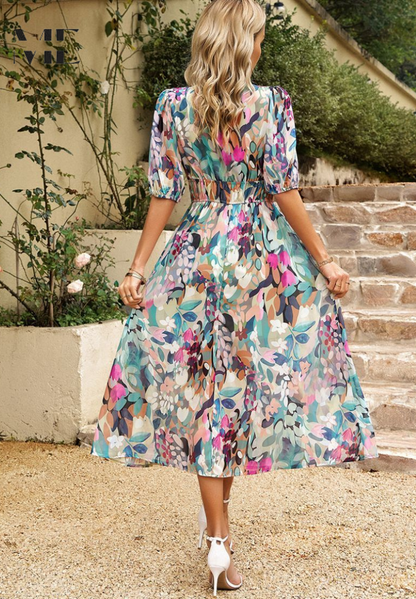 Roxanne | Elegant Blomster Midi Kjole med Puff Ærmer