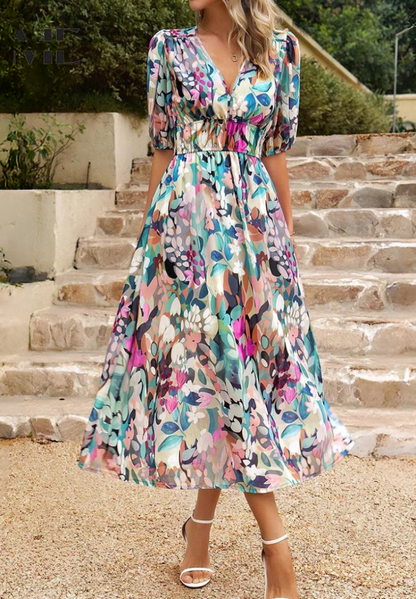 Roxanne | Elegant Blomster Midi Kjole med Puff Ærmer