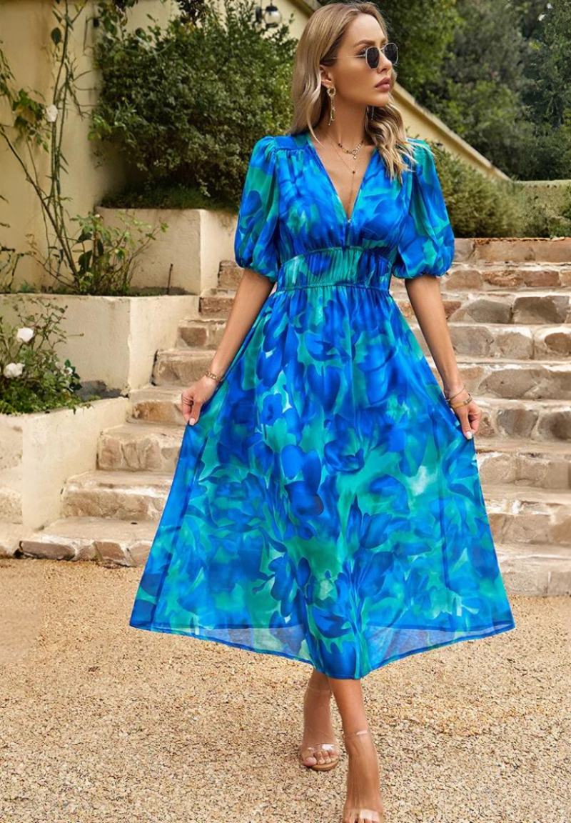 Roxanne | Elegant Blomster Midi Kjole med Puff Ærmer