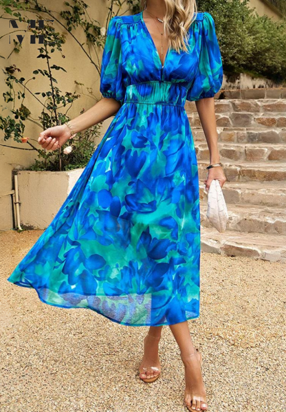 Roxanne | Elegant Blomster Midi Kjole med Puff Ærmer