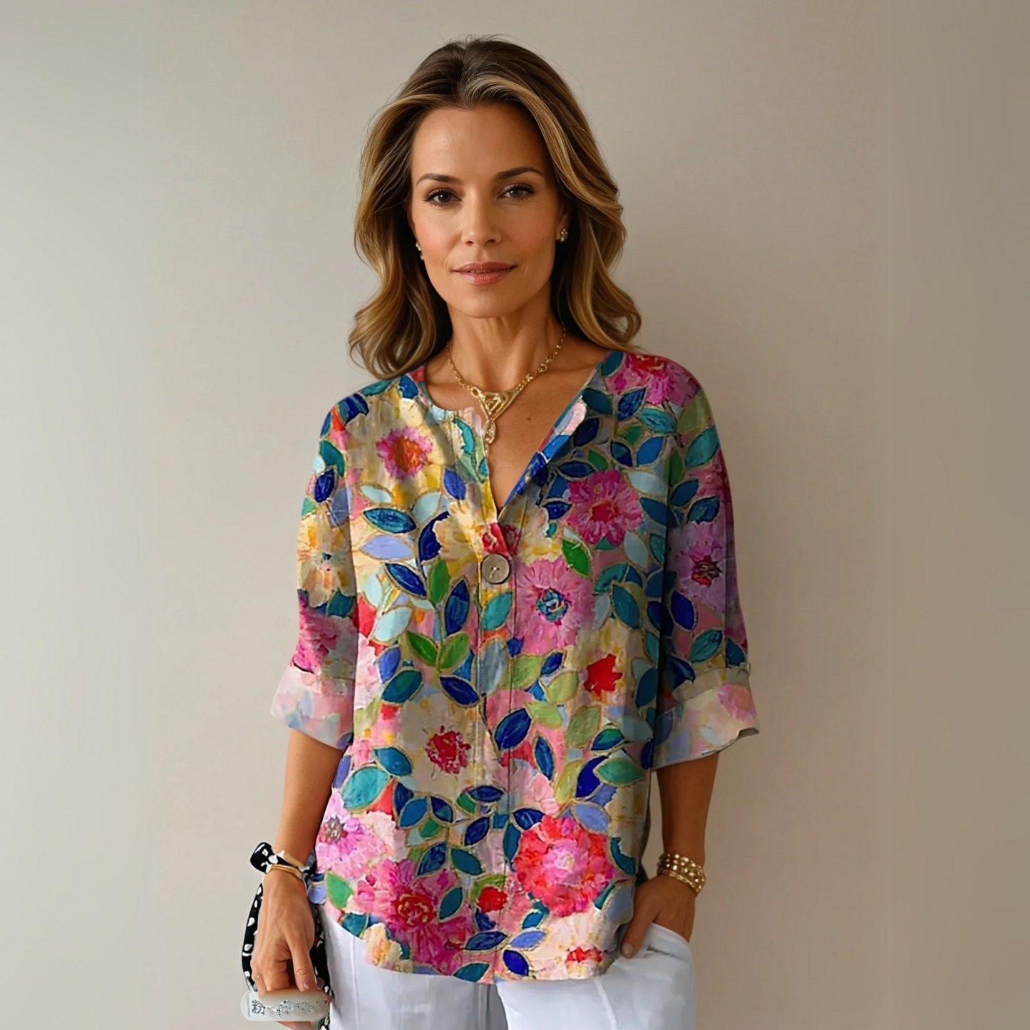 Kristin | Kvinders Blomsterprint Knap-Ned Bluse